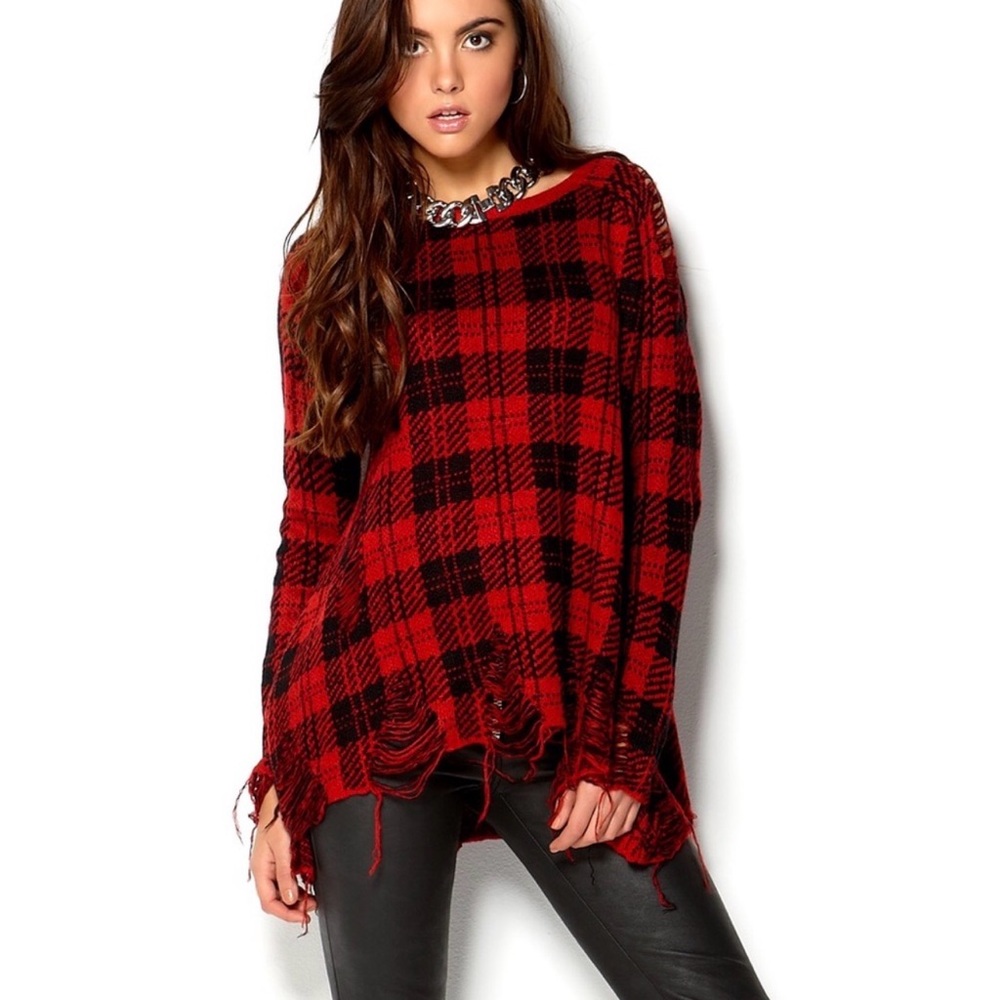 UNIF buffalo plaid shredded Distressed sweater